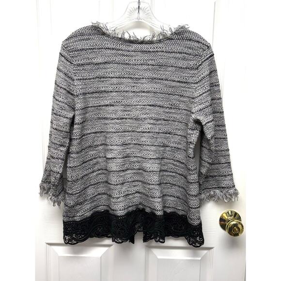 Chico’s Open Front Gray Black Cardigan Lace Trim Frayed Edges Size 2 or Womens L - Picture 2 of 7